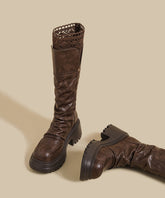 Brown Lace Splicing Wrinkled Faux Leather Chunky Boots