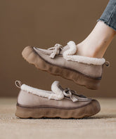 Beige Cowhide Leather Splicing Flat Feet Shoes Fuzzy Wool Lined