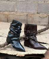 Chic Splicing Chunky Boots Black Faux Leather Pointed Toe