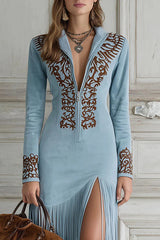 Embroidered Fitted Long-sleeved Tassel Hem Maxi Dress