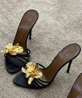 Black Stiletto Faux Leather Floral Splicing Slide Sandals