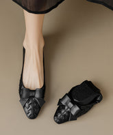 Chic Bow Splicing Soft Comfy Flats Black Sheepskin