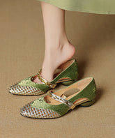 Vintage Green Cowhide Leather Splicing Hollow Out Chunky Shoes