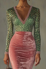 Velvet Patchwork Stretch Slim Midi Dress