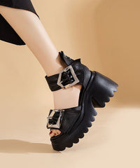 Black Zippered Sandals Buckle Strap Chunky Sandals