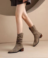 Khaki Suede Splicing Chunky Boots