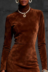 Suede Turtleneck Long-sleeved Slim-fit Tassel Mini Dress