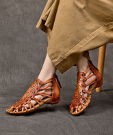 Brown Hollow Out Cowhide Leather Splicing Sandals