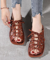 Chocolate Lace Up Flat Sandals Cowhide Leather