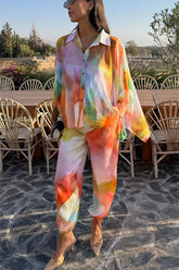 Vacation View Colorful Abstract Print Elastic Waist Pocket Loose Lantern Pants