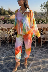 Vacation View Colorful Abstract Print Elastic Waist Pocket Loose Lantern Pants