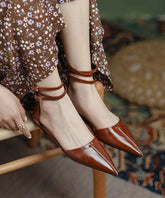 Brown Cowhide Leather Walking Sandals Pointed Toe Buckle Strap