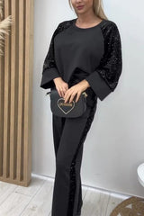 Sequined Loose-fitting Crew Neck Top and Casual Pocket Wide-leg Pants Set