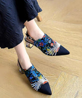 Blue Embroidered Buckle Strap Splicing Sheepskin Chunky Sandals