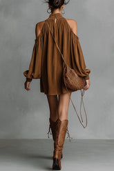 Off-shoulder Lantern-sleeved Suede Loose Mini Dress