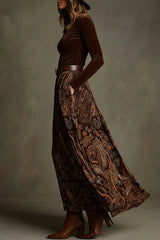 Velvet Long-sleeved Fitted Top and Unique Printed Casual Pocket Maxi Skirt Set