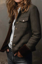 Vintage Herringbone Velvet Trim Casual Long-sleeved Blazer