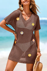 Floral-decorated V-neck Short-sleeved Crochet Cover-up Vacation Mini Dress