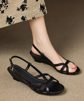Stylish Hollow Out Splicing Wedge Sandals Black Cowhide Leather