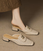 Apricot Cowhide Leather Splicing Hollow Out Slide Sandals