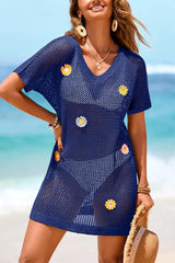 Floral-decorated V-neck Short-sleeved Crochet Cover-up Vacation Mini Dress