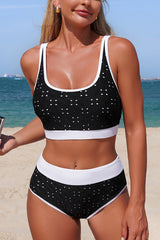 Color-blocked High-waisted Stretch Two-piece Bikini Swimsuit