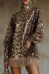 Leopard Print Sequined Turtleneck Long-sleeved Tassel Hem Loose Mini Dress