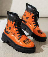 Stylish Orange Print Lace Up Splicing Faux Leather Chunky Boots