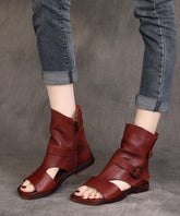 Retro Zippered Splicing Flat Boots Brown Cowhide Leather Peep Toe
