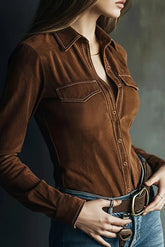 Suede Long-sleeved Button-down Casual Shirt