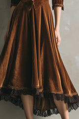 Velvet and Lace Patchwork V-neck Button Midi Dress
