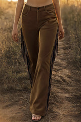 Suede High-waisted Fringed Casual Flared Pants