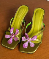 Green Floral Splicing High Heels Slide Sandals Peep Toe