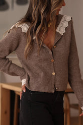Lace-trimmed Sailor Collar Casual Knit Cardigan