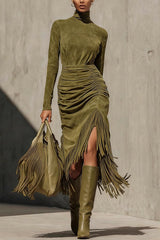 Suede High-neck Long-sleeved Pleated Tassel Midi Dress