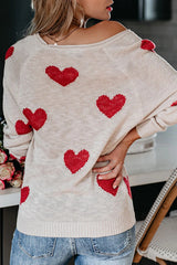 Color-blocked Heart-patterned Long-sleeved Loose Knit Sweater