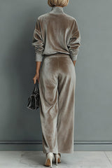 Velvet Turtleneck Long-sleeved Top and Casual Pocket Wide-leg Pants Set