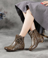 Zippered Splicing Floral Wedge Boots Camel Cowhide Leather