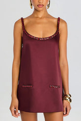 Taste Red Wine Satin Gemstone Trim Round Neck Slip H-line Mini Dress