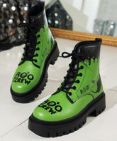 Green Lace Up Ankle Boots Chunky Faux Leather Splicing