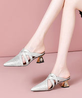 Beige Cowhide Leather Hollow Out Splicing Slide Sandals Pointed Toe