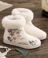 White Cotton Fabric Embroidery Splicing Boots