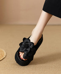Black Platform Faux Leather Floral Splicing Slide Sandals