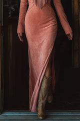Embroidered Floral Tassel Long-sleeved Slim-fit Maxi Dress