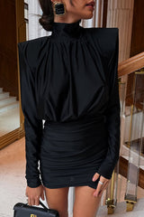 High-Neck Long-Sleeved Slim-Fit Pleated Mini Dress