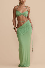Emara Stretch Mesh Hand Beaded Trim Gathered Sweetheart Crop Halter Vacation Tank