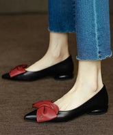 Black Flat Feet Shoes Cowhide Leather Pointed Toe Bow