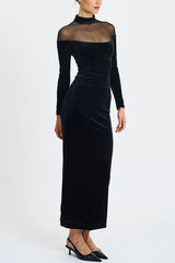 Velvet and Mesh Spliced long-sleeved Slim-fit Maxi Dress