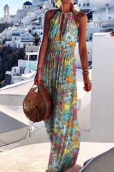 elegant vacation style printed large hanging neck design with a sense of long skirt