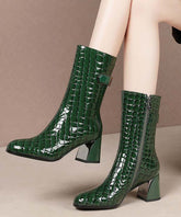Splicing Chunky Boots Green Cowhide Leather Fuzzy Wool Lined